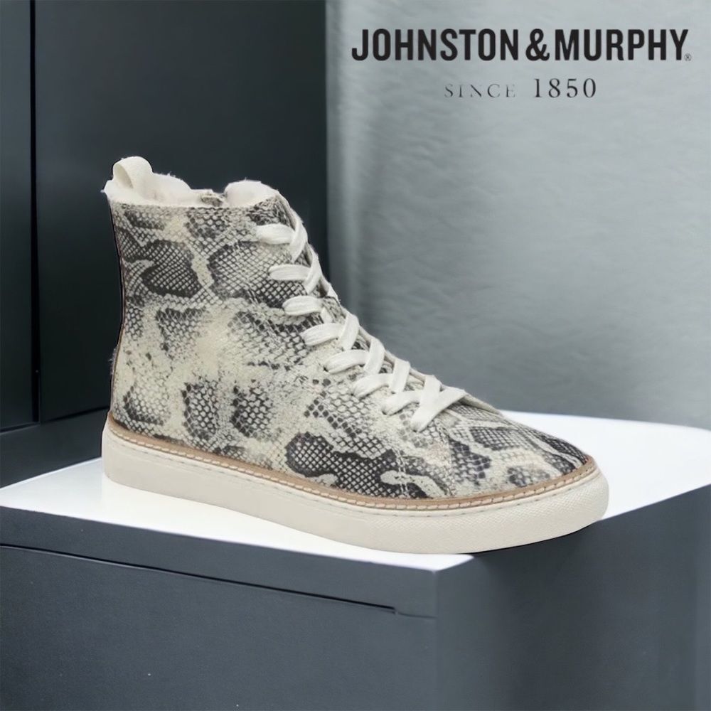 🌟 Johnston & Murphy CALLIE High Top Snake Print Leather Faux Fur Lined Sne…